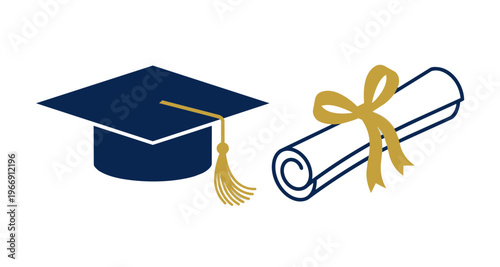 Graduation Cap and Diploma Scroll Icon Set.