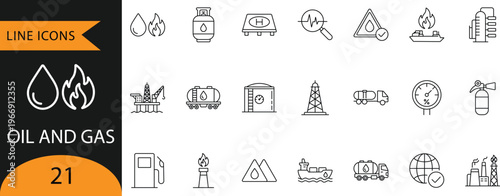 Oil and Gas Industry Line Icons - Refinery, Drilling Rig, and Tanker.
