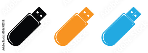 USB Drive Icons. Usb flash drive icon Vector. USB Flash Drive Icons Set. Portable digital memory stick for data storage and transfer. Solid Blue, Outline, Hatch, and Solid Purple Illustration. 