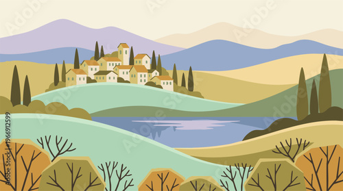 Stylized European countryside landscape with village, rolling hills, lake, and trees
