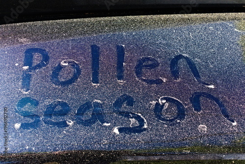 The words Pollen Season written on a pollen covered car window in the South during the spring allergy season..