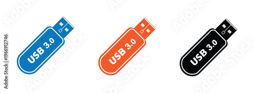  USB Drive Icons. Usb flash drive icon Vector. USB Flash Drive Icons Set. Portable digital memory stick for data storage and transfer. Solid Blue, Outline, Hatch, and Solid Purple Illustration. 