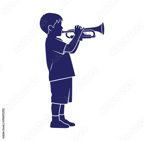 Boy playing trumpet solo in profile view with blue silhouette