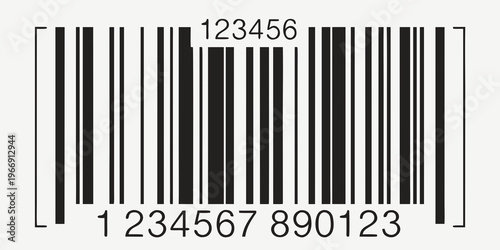 "A professional, high-resolution minimalist vector illustration of a standard product barcode, isolated on a light grey checkered background. The design features clean black vertical lines of varying 