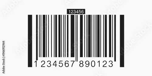 "A professional, high-resolution minimalist vector illustration of a standard product barcode, isolated on a light grey checkered background. The design features clean black vertical lines of varying 