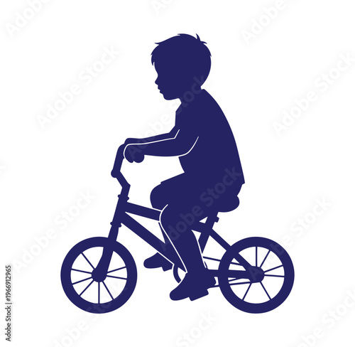 Boy riding bicycle in blue silhouette against white background