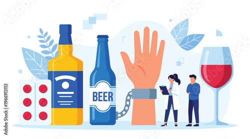 Alcohol Addiction and Substance Abuse Concept with Medical Doctor Consulting Patient Near Bottles and Pills Vector Illustration