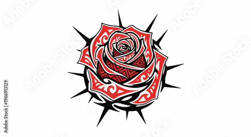 Bold red rose with sharp black thorns and intricate tribal patterns