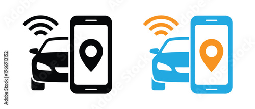 Connected car and gps location navigation icons, smart vehicle technology and map tracking concept with automotive line art graphics on white background