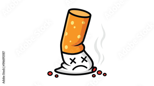 Crushed cigarette butt illustration with sad face representing health risks and quitting smoking for medical campaigns