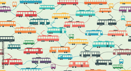 Intricate seamless pattern showing a network of colorful trams and buses connected by lines on a light green background.