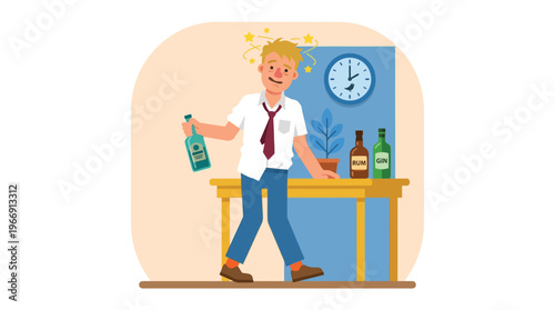 Stressed Office Worker Drinking Alcohol and Feeling Dizzy While Standing Near Desk After Late Night Work Vector Illustration