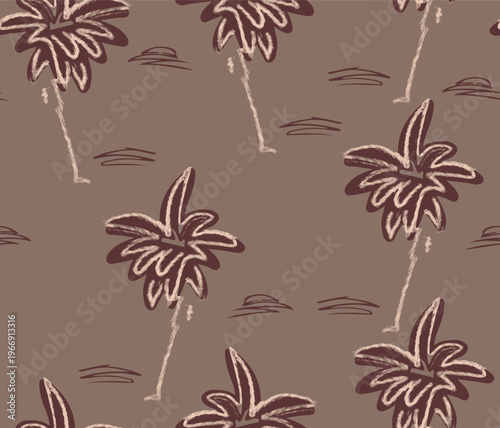 Seamless abstract palm tree pattern. Hand drawn loose crayon sketch tropical background. Earthy boho summer resort textile design.