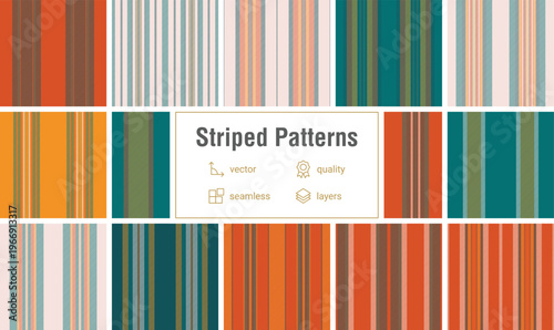 Striped pattern set reflecting professional textile design standards. Seamless vectors enhance apparel, furniture fabrics, home decor, and digital mockups.