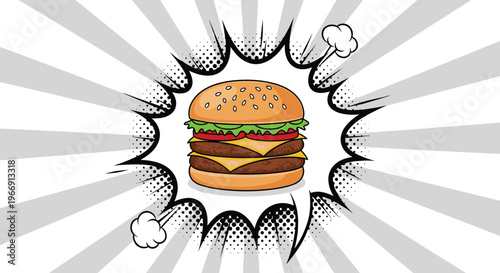 Delicious double cheeseburger in a comic book speech bubble with sunburst background for fast food and pop art themes.