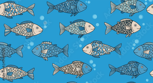 Charming seamless pattern with various blue and grey fish swimming in water with bubbles for nautical and ocean themes.
