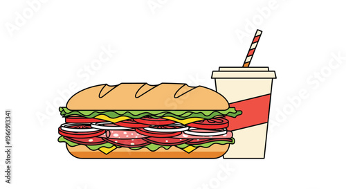 Large submarine sandwich with meat, cheese, and vegetables next to a soft drink cup isolated on a white background.