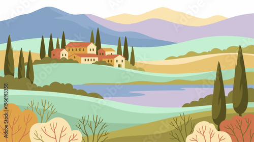 Minimalist flat design illustration of a scenic Tuscan landscape with village and lake