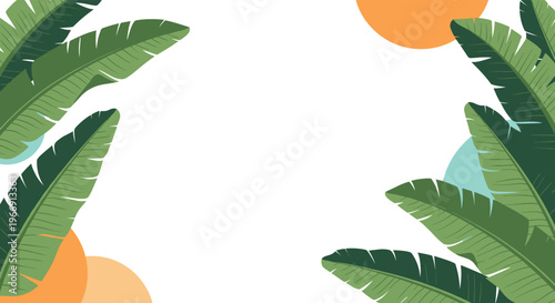 Tropical frame with green banana leaves and orange circles on a white background for summer vacation and exotic themes.