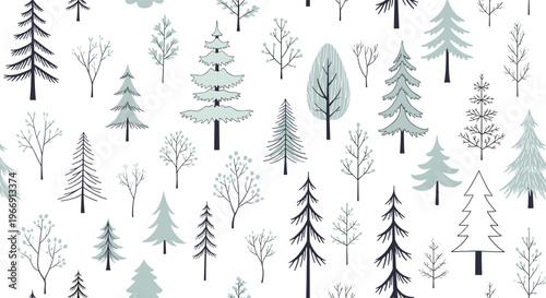 Serene seamless pattern with various types of trees in shades of blue and grey on a white background for winter forest themes.