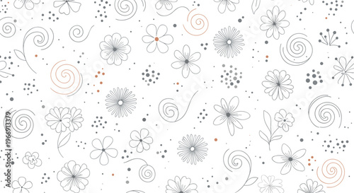 Artistic seamless pattern with various hand drawn flowers, dots, and swirling lines in muted tones on a white background.