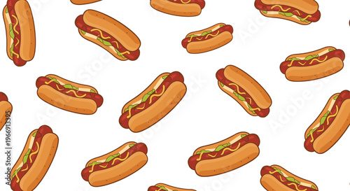 Tasty seamless pattern with hot dogs featuring mustard, ketchup, and relish on a white background for food and picnic themes.