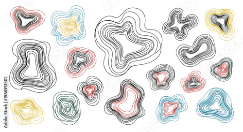 Interesting collection of abstract organic shapes composed of multiple layered line contours in black, red, yellow, and teal colors on white.