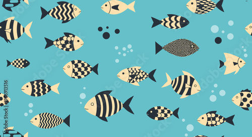 Beautiful seamless underwater pattern showcasing a wide variety of stylized fish with different patterns and shapes in shades of blue and cream.