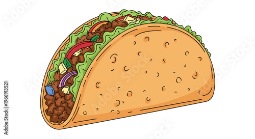 Mouth-watering illustration of a loaded Mexican taco with ground beef, lettuce, tomatoes, cheese, and purple onions on a white background.