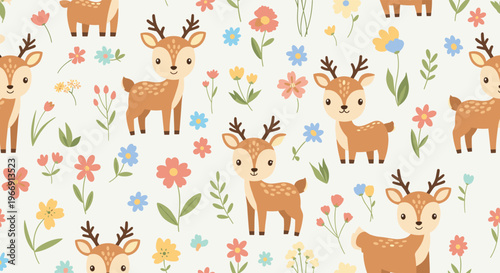 Adorable seamless pattern featuring cute little deers frolicking among colorful spring flowers and green leaves on a light cream background.