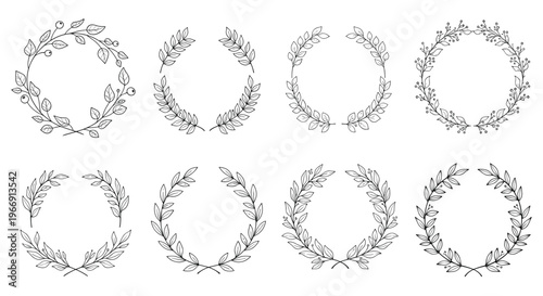 Elegant collection of eight distinct black and white hand-drawn leaf wreaths and frames for sophisticated wedding or event branding designs.