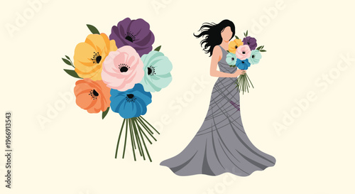 Graceful illustration of a faceless woman in a long flowing gray gown holding a large bouquet of vibrant colorful anemone flowers.