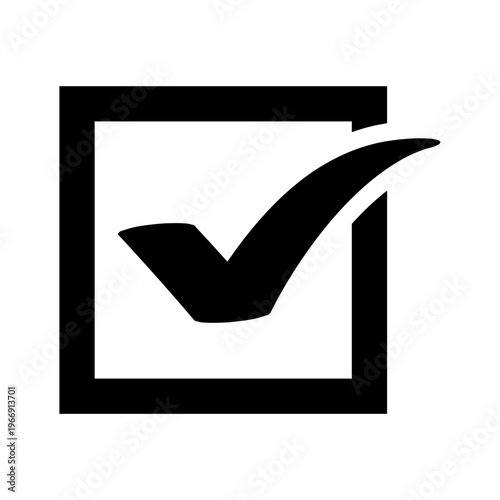 A black checkmark icon positioned within a square box, representing completion or approval.