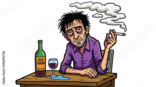 Cartoon illustration of a depressed unkempt man drinking red wine and smoking alone representing addiction and mental health issues