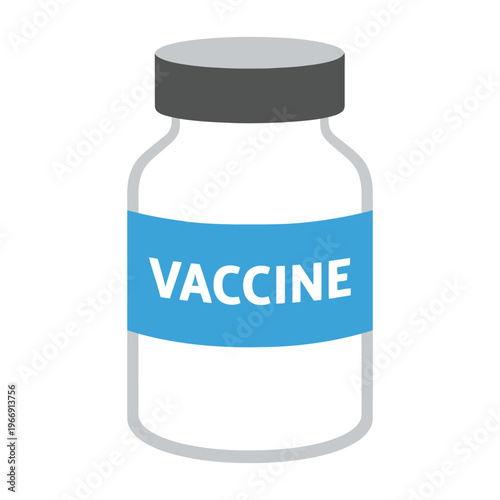 Illustration of a medical vaccine vial with a blue label and black cap on white background.