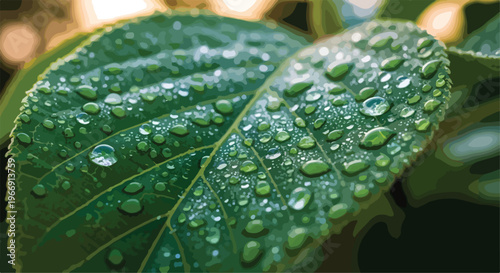 Close-up Vector Illustration of Green Leaf with Water Droplets isolated PNG with Transparent Background