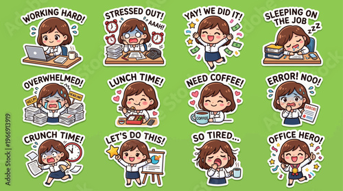 Charming Office Worker Daily Grind and Emotional Reactions clay icon pack, capturing various workplace scenarios from productivity to late hours