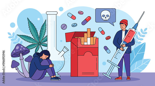 Modern Vector Illustration of People Suffering from Substance Abuse and Drug Addiction with Syringe Pills and Cannabis