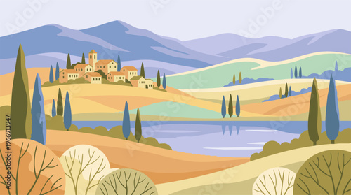Minimalist vector illustration of a scenic rural landscape with village, hills, and lake
