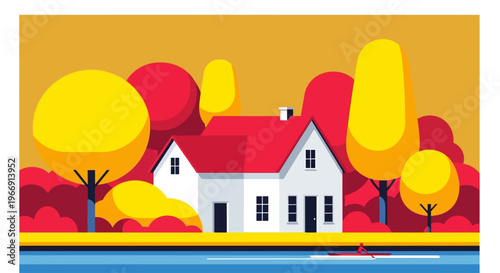 Stylized autumn house scene with trees and a boat on transparent background silhouette