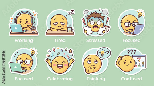 Dynamic clay icon pack depicting a spectrum of office worker emotions, encompassing productivity, focus, stress, confusion, celebration, and thoughtful moments