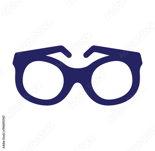 Navy blue glasses icon with white empty lenses and temples up  simple eyewear symbol