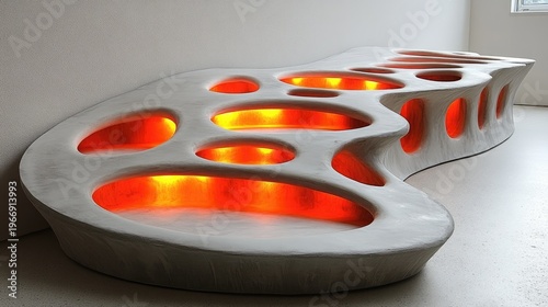 Modern illuminated bench with organic shapes and warm light creating a futuristic ambiance