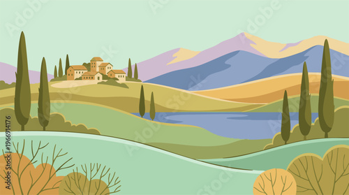Minimalist vector illustration of a scenic countryside with village and mountains