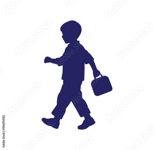 Silhouette of a boy walking with a briefcase in his hand