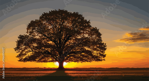 Large Silhouette Oak Tree at Sunset Vector Illustration isolated PNG with Transparent Background