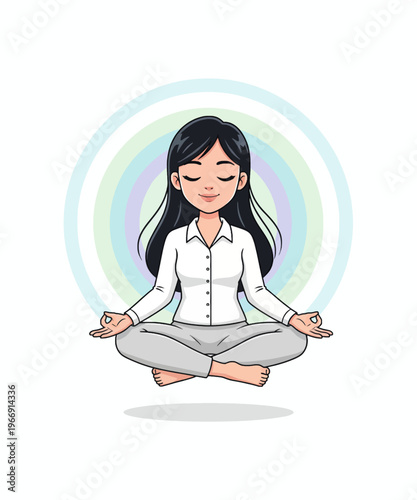 A calm cartoon woman practices mindfulness meditation, floating in a serene lotus position, promoting peace and wellness.
