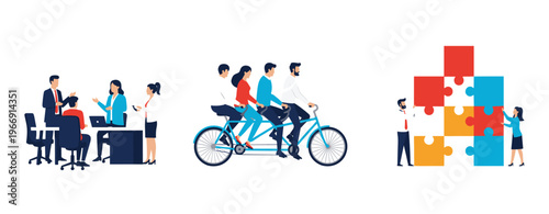 Flat vector illustration set of business people working together in a meeting, riding a tandem bicycle, and building a puzzle for team collaboration.