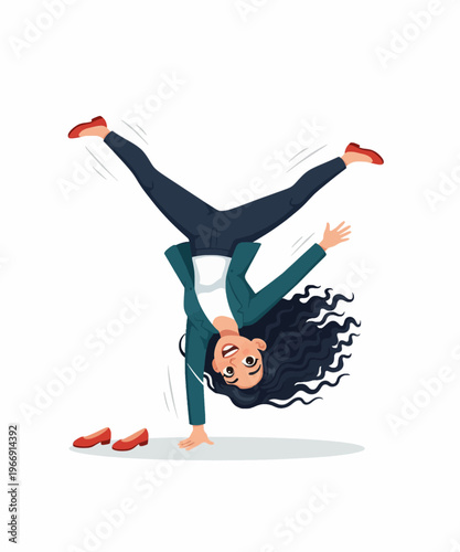 Energetic businesswoman celebrates success by cheerfully performing a dynamic handstand flip