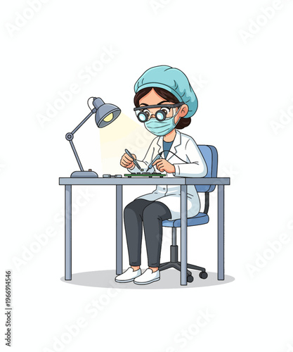 Illustration of a focused female scientist, wearing a lab coat and mask, carefully assembling electronics with tools.